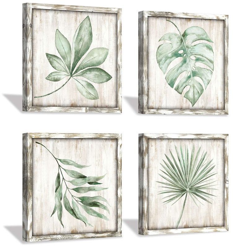 Hardy Gallery Green Leaves Prints Wall Art: Rustic Wooden Background Palm Tree Leaf Simple Life Painting for Bathroom Wall Decor (12 X 12 X 4) - Image 1